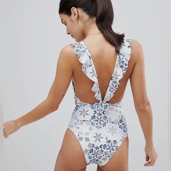 Somedays Lovin Sapphire Pools One Piece Swimsuit Small Deep V Ruffles - Picture 3 of 16